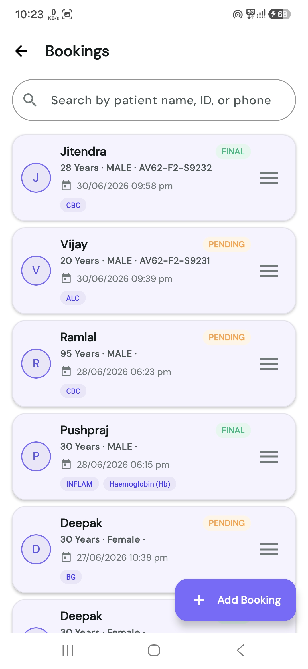PathLab Pro Bookings List